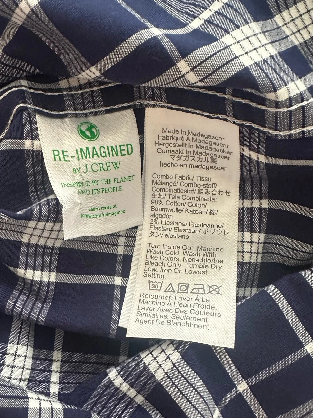J. Crew Flex Washed Navy and White Tartan Plaid Button-Down Shirt Large Slim